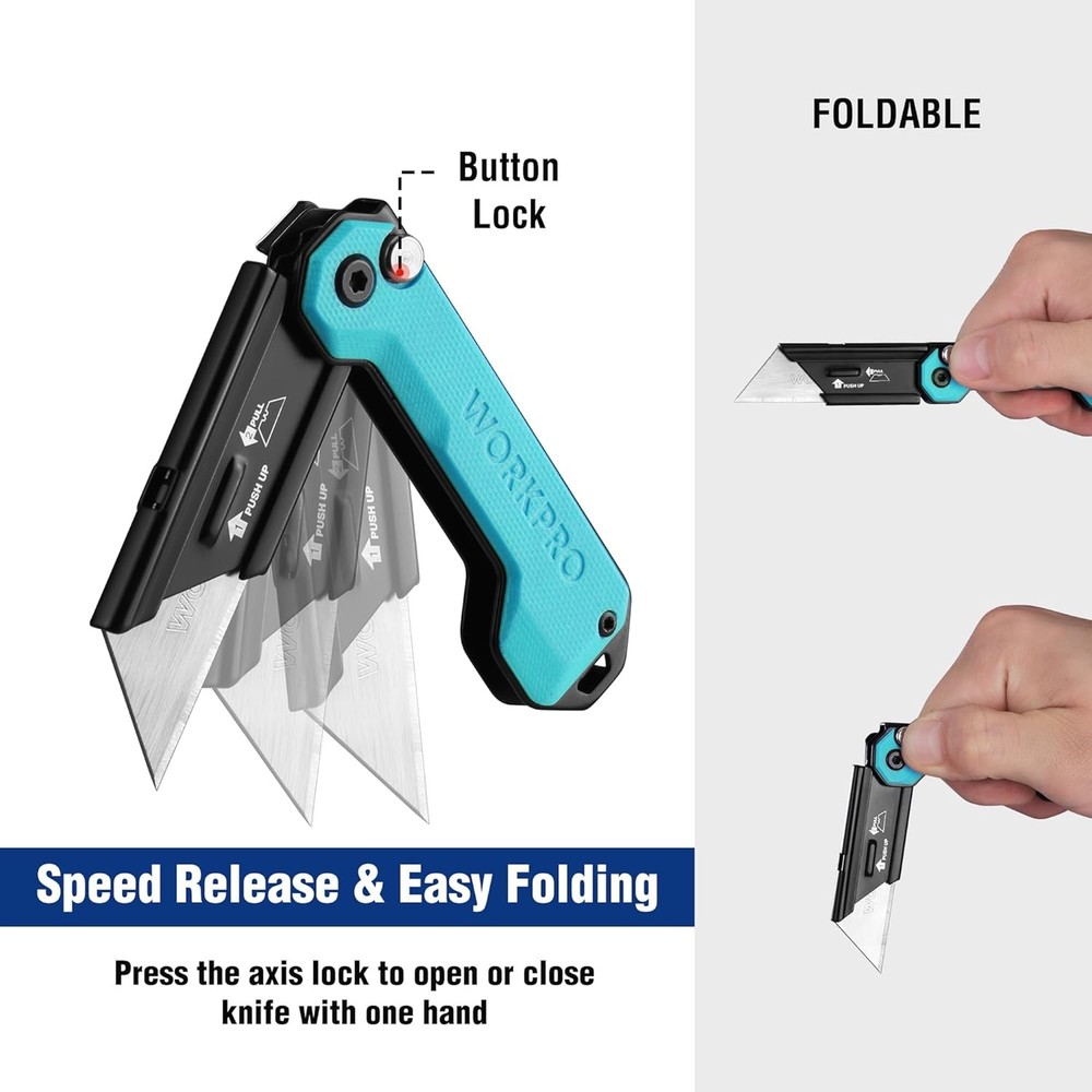 WORKPRO Folding Utility Knife Box Cutter Quick Change Blade Quick Open Axis Lock