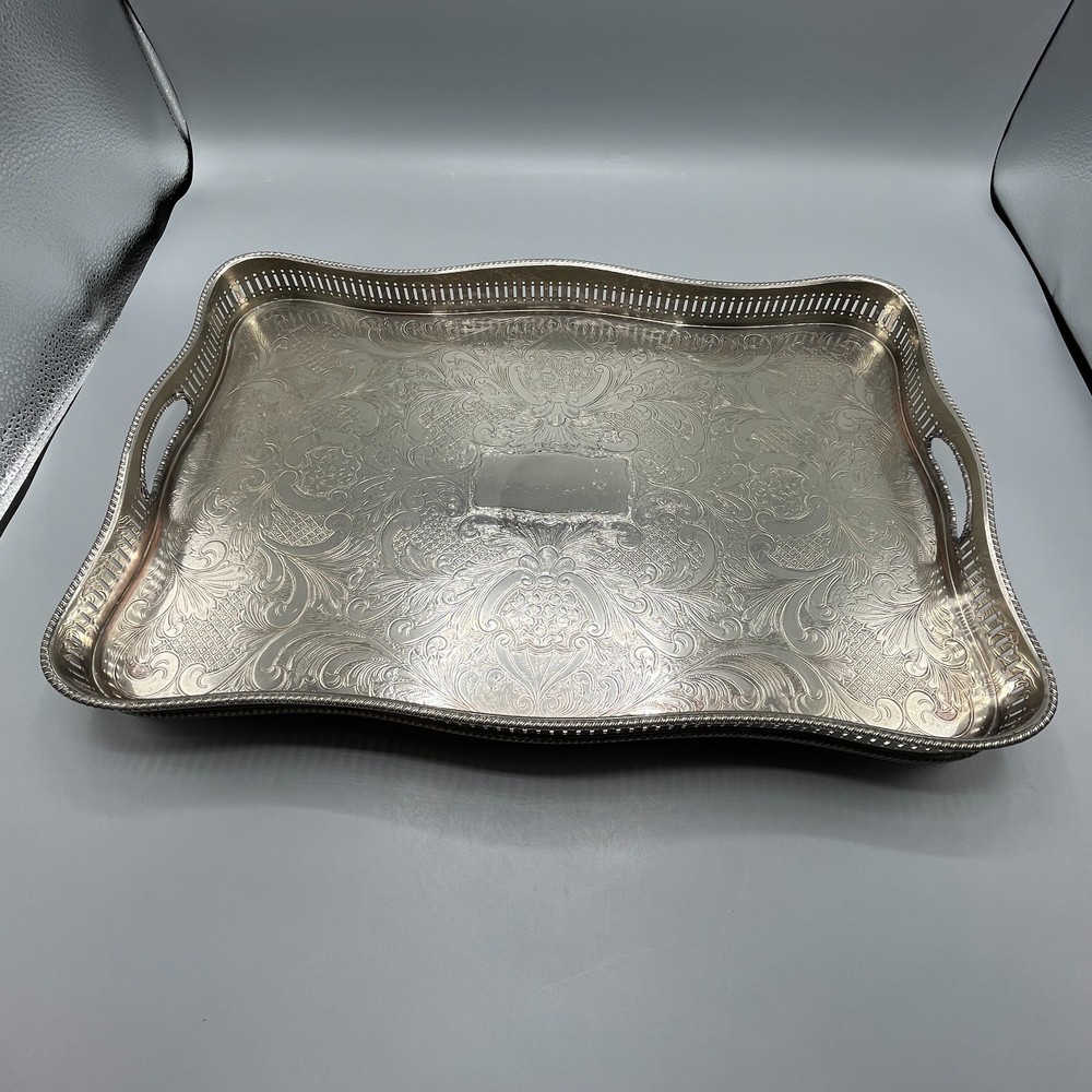 Vintage Silver Plate Footed Gallery Serving Tray Rectangular Serpentine Cocktail