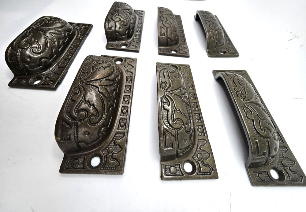 VICTORIAN IRON BIN DRAWER PULLS CABINET HARDWARE 7 ORIGINAL DECORATIVE HANDLES
