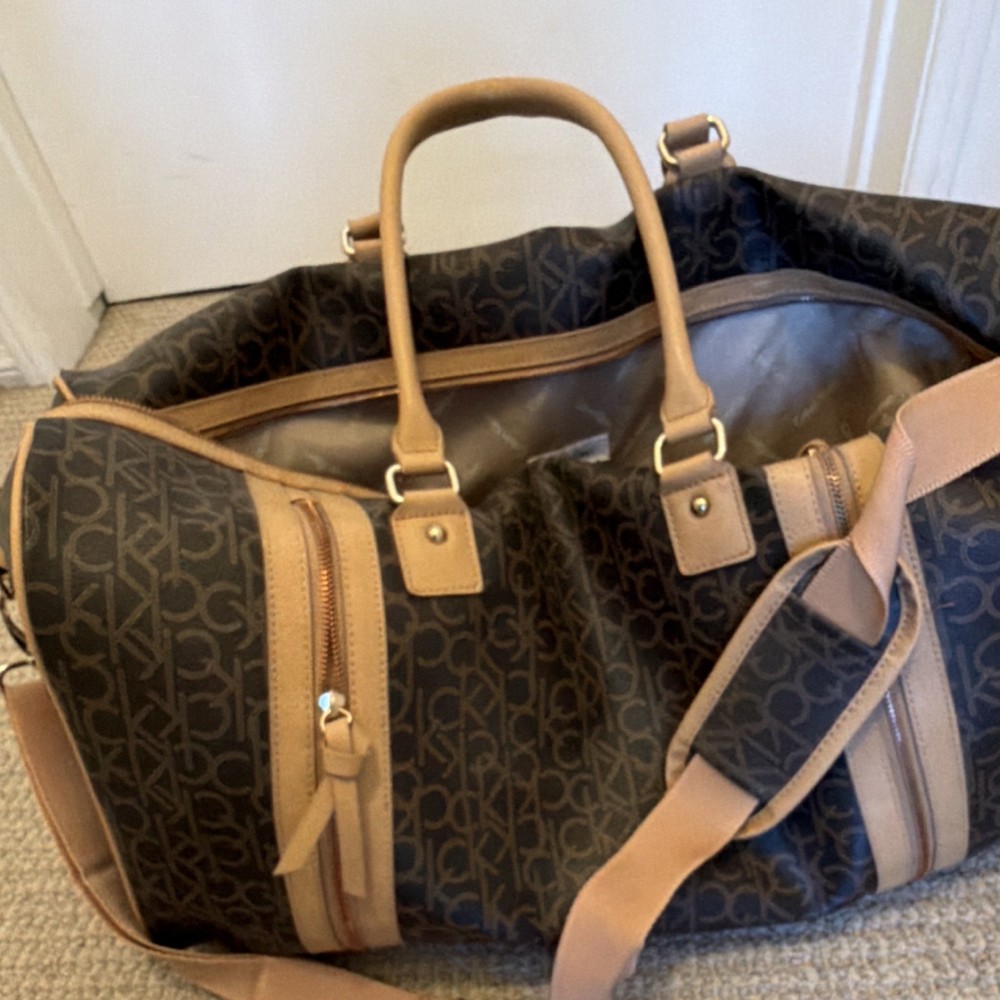 Calvin Klein Logo Print Brown Polyester Duffle Bag Adjustable Straps