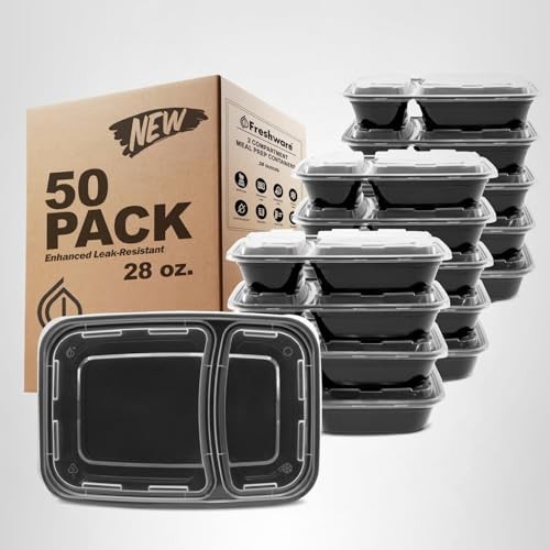 Freshware Meal Prep Containers [50 Pack] 2 Compartment 2-COMP-50PK, Black