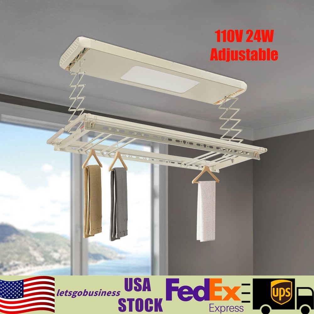 Ceiling-mounted Clothesline, Resealable Vertical Drying Rack W/ Light 8 Rods