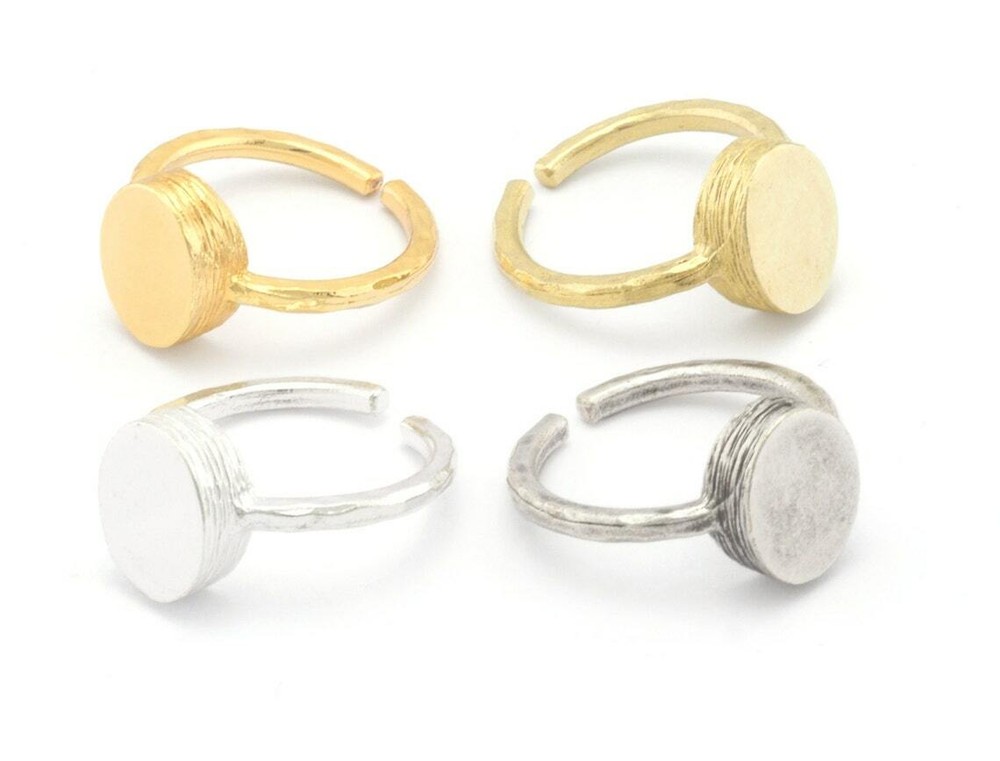 Oval Brushed Edge Ring Base Adjustable Silver,Raw Brass,Shiny gold-silver 4686
