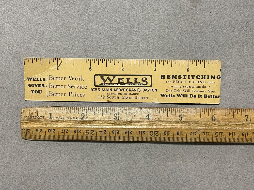 WELLS PLEATING & BUTTON CO 6" PAPER ADVERTISING RULER