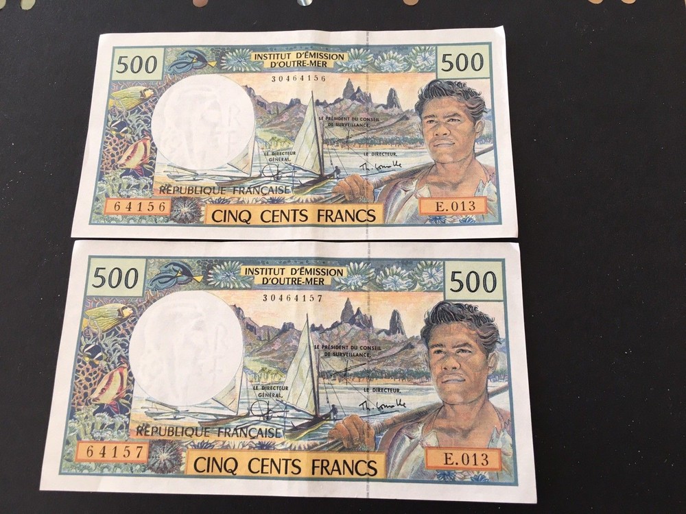 FRENCH-PACIFIC-TERRITORY 500-FRANCS 1992 consecutive aUNC X 2 VERY NICE NOTES020