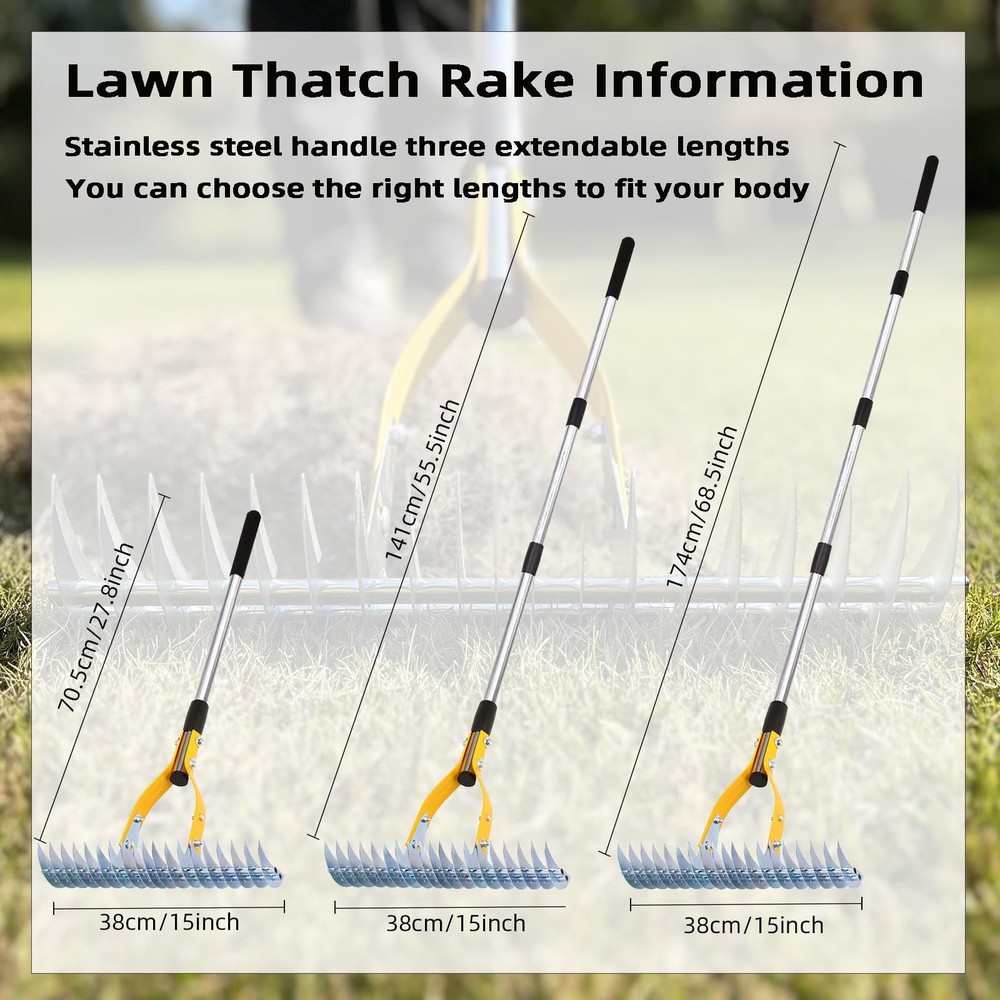 Thatch Rake 15 Inch Wide Efficient Dethatcher Rake for Cleaning Dead Grass, C...