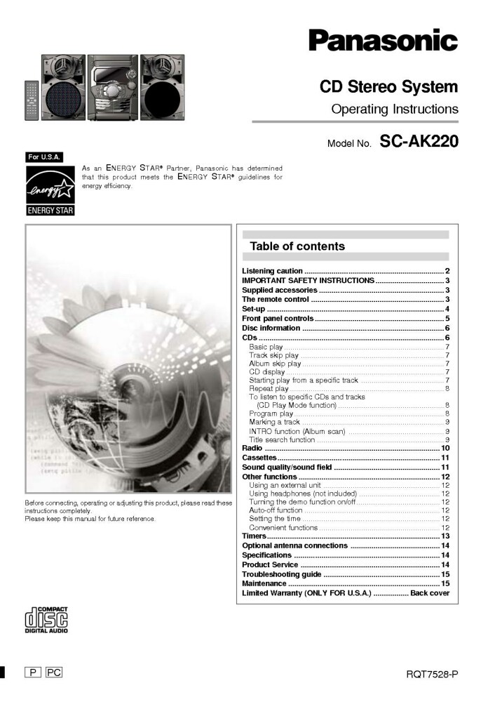 Panasonic SA-AK220 CD Stereo System Owners Instruction Manual