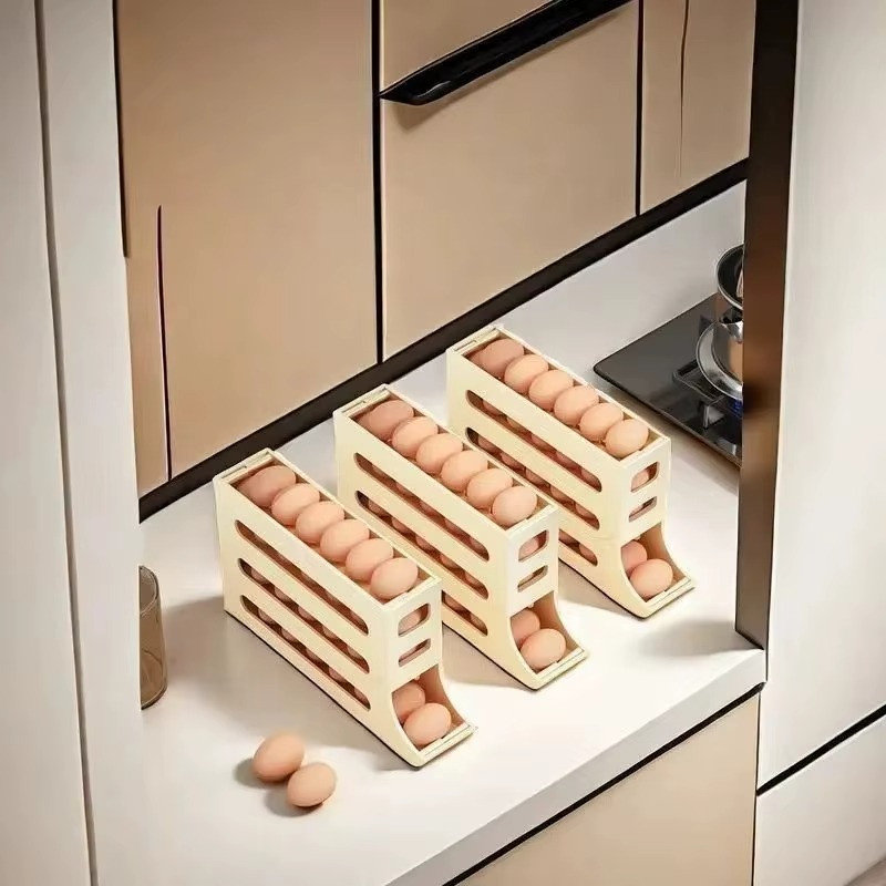 Auto Rolling Egg Holder Storage Rack 4-Tier Roll down Refrigerator Egg Dispenser