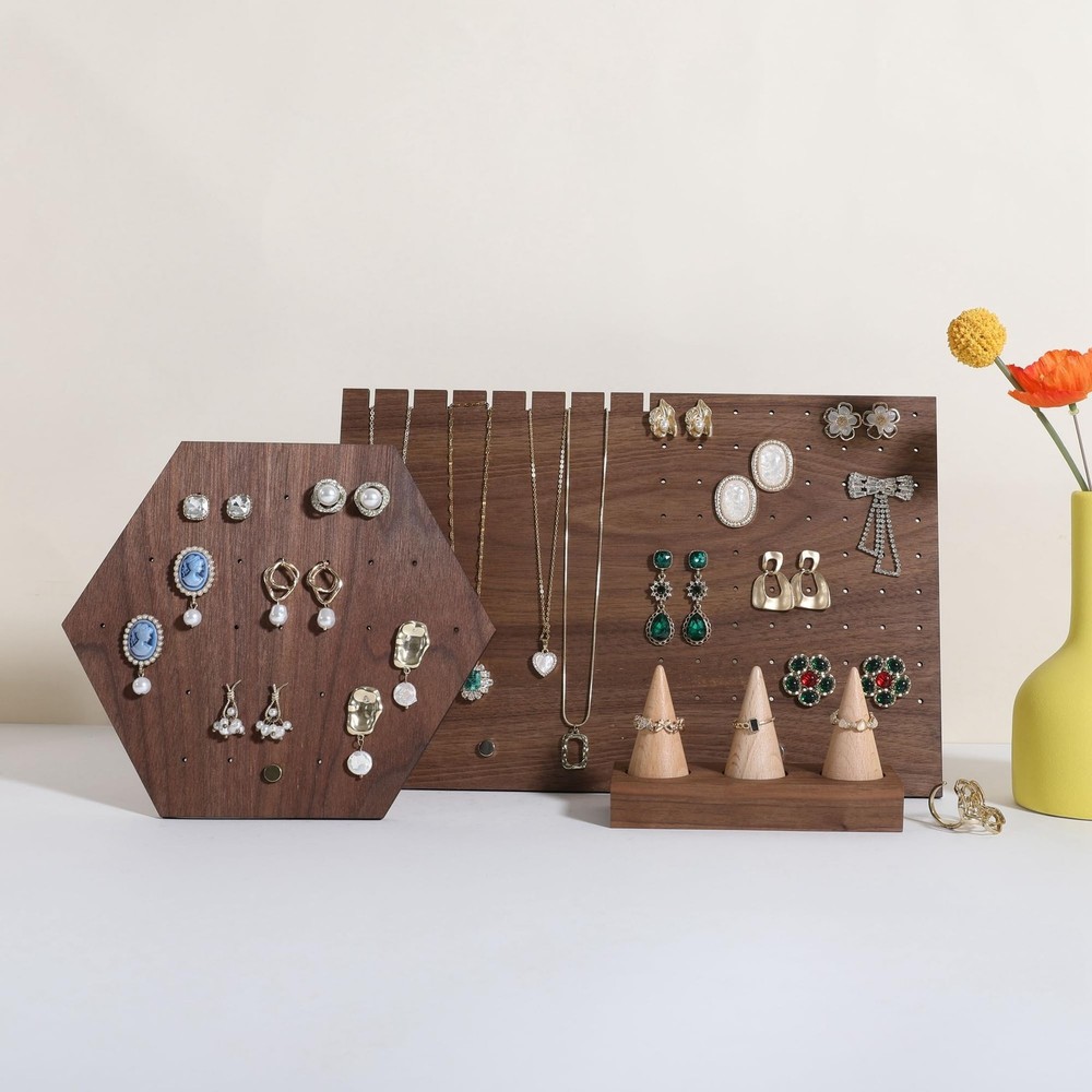 GemeShou Walnut earring organizer board, Hexagon sharp earring display stand ...