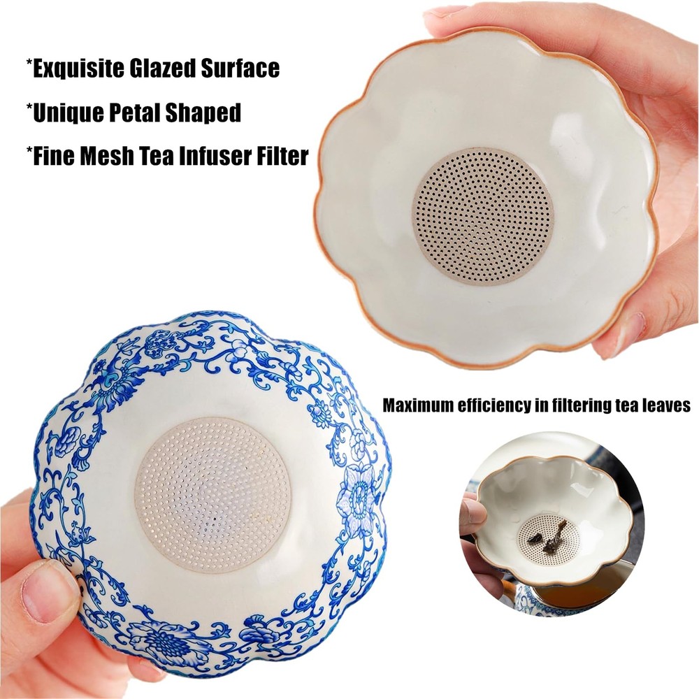 Ceramic Tea Infuser Strainers With Support Holder Saucer Blue And White
