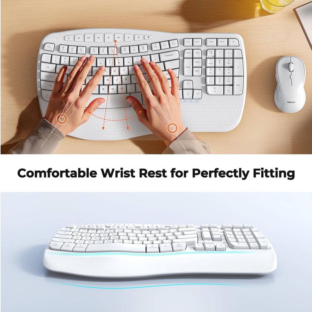 Ergonomic Keyboard and Mouse Wireless Combo Wave Keys Wrist Rest White