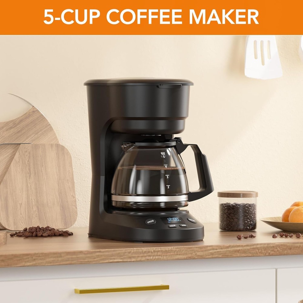 5 Cup Programmable Drip Coffee Maker w/ Timer Auto Shut-Off Black