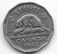 Canada 1947 5 cent  Nickel Circulated