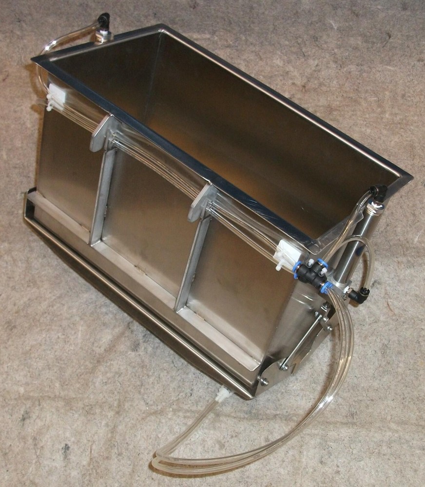 PNEUMATIC CYLINDER OPERATED PACKAGING DUAL DUMP HOPPER RECTANGULAR STAINLESS NEW