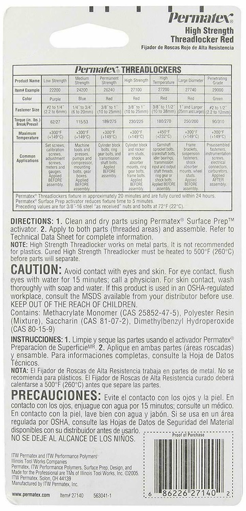 PERMATEX 27140 - High Strength Threadlocker Red, 36 ml Bottle