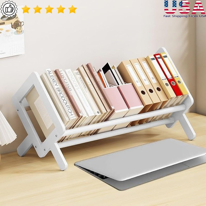 Bamboo Leaning Shelf Multi-Function Book Storage Organizer Easy Install Durable