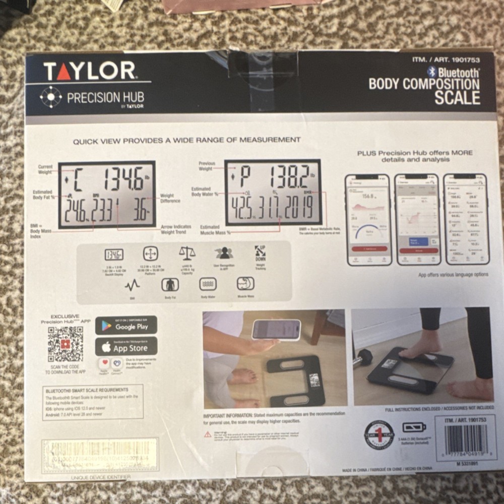 Taylor Precision Hub Bluetooth Body Composition Scale, Body Fat, BMI, Multi User