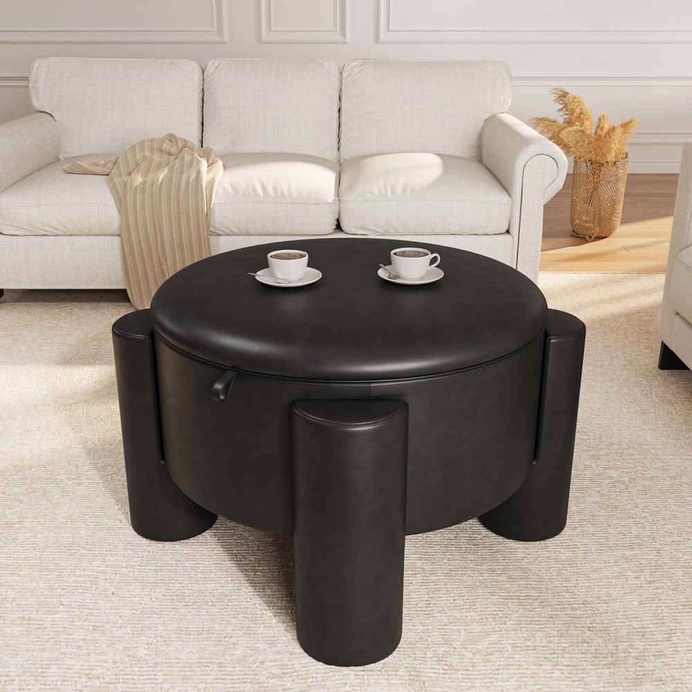 24in Storage Stool Coffee Table with Storage Function, Artificial Leather