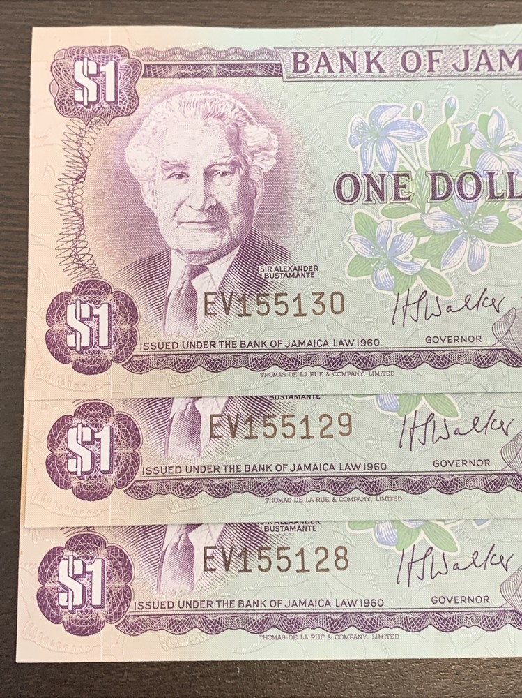 1982 $1 Jamaica UNC Consecutive Series 3 Banknotes