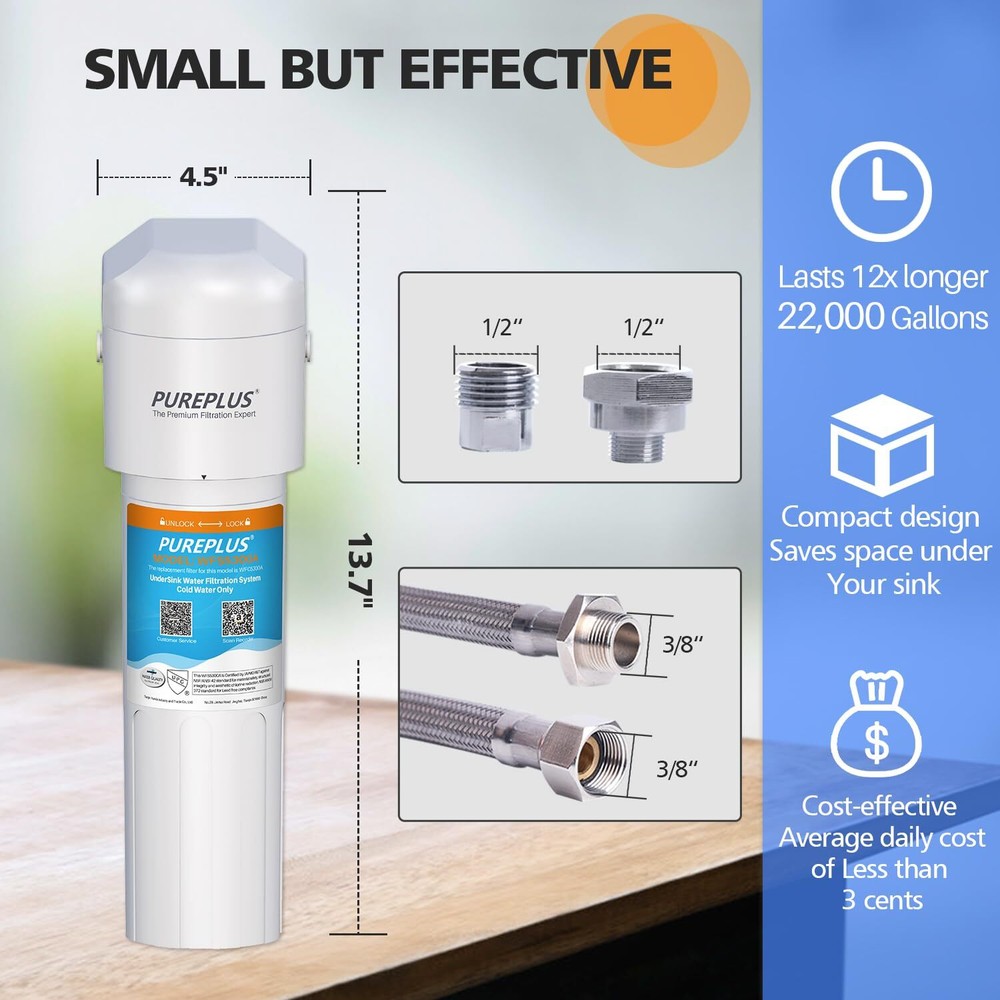 Pureplus under Sink Water Filter, 22000 Gallons, 99.99% Chlorine Reduction, NSF/