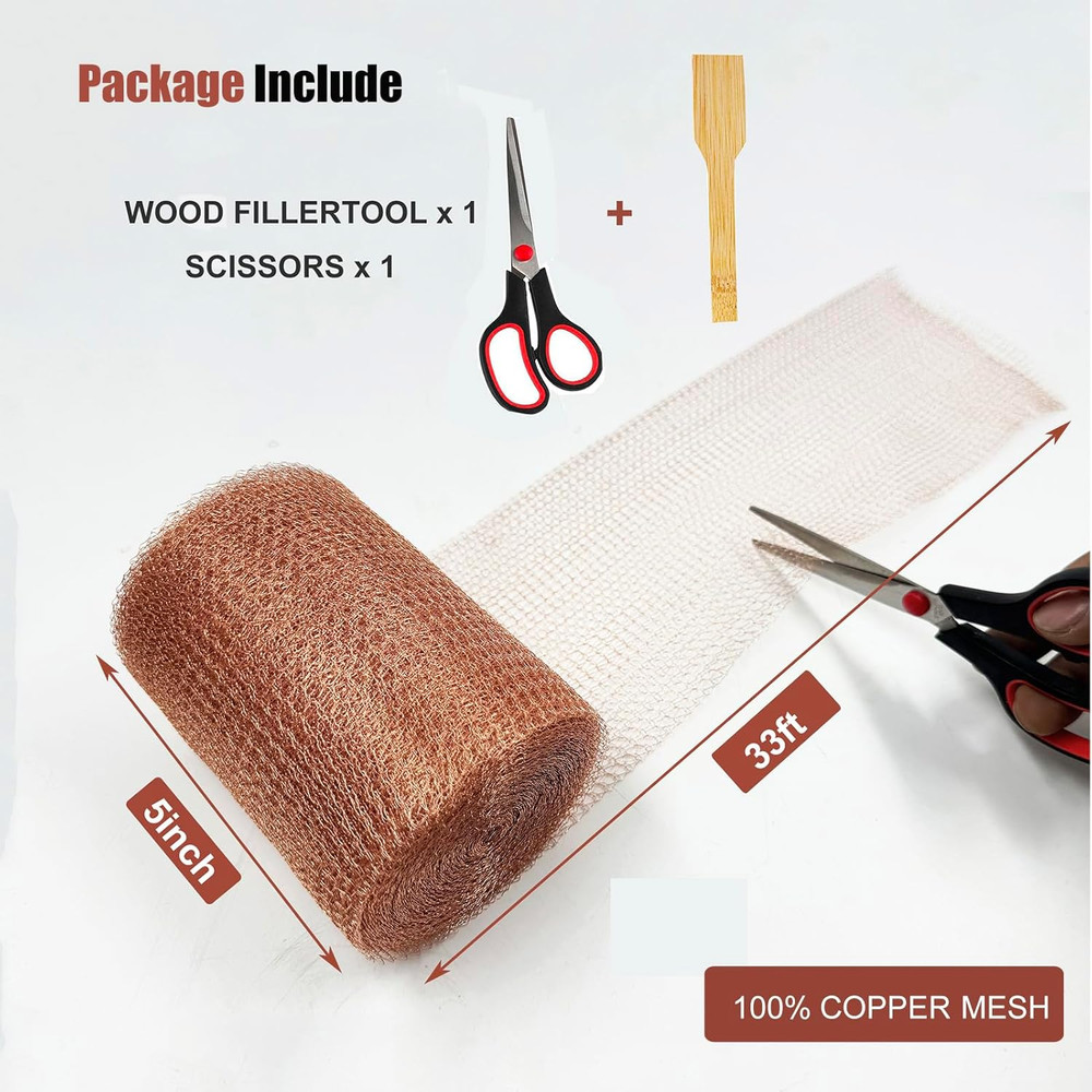 Copper Mesh Rodent Control Roll 5"x33ft Rustproof Wire Wool Mice Rat Stopper