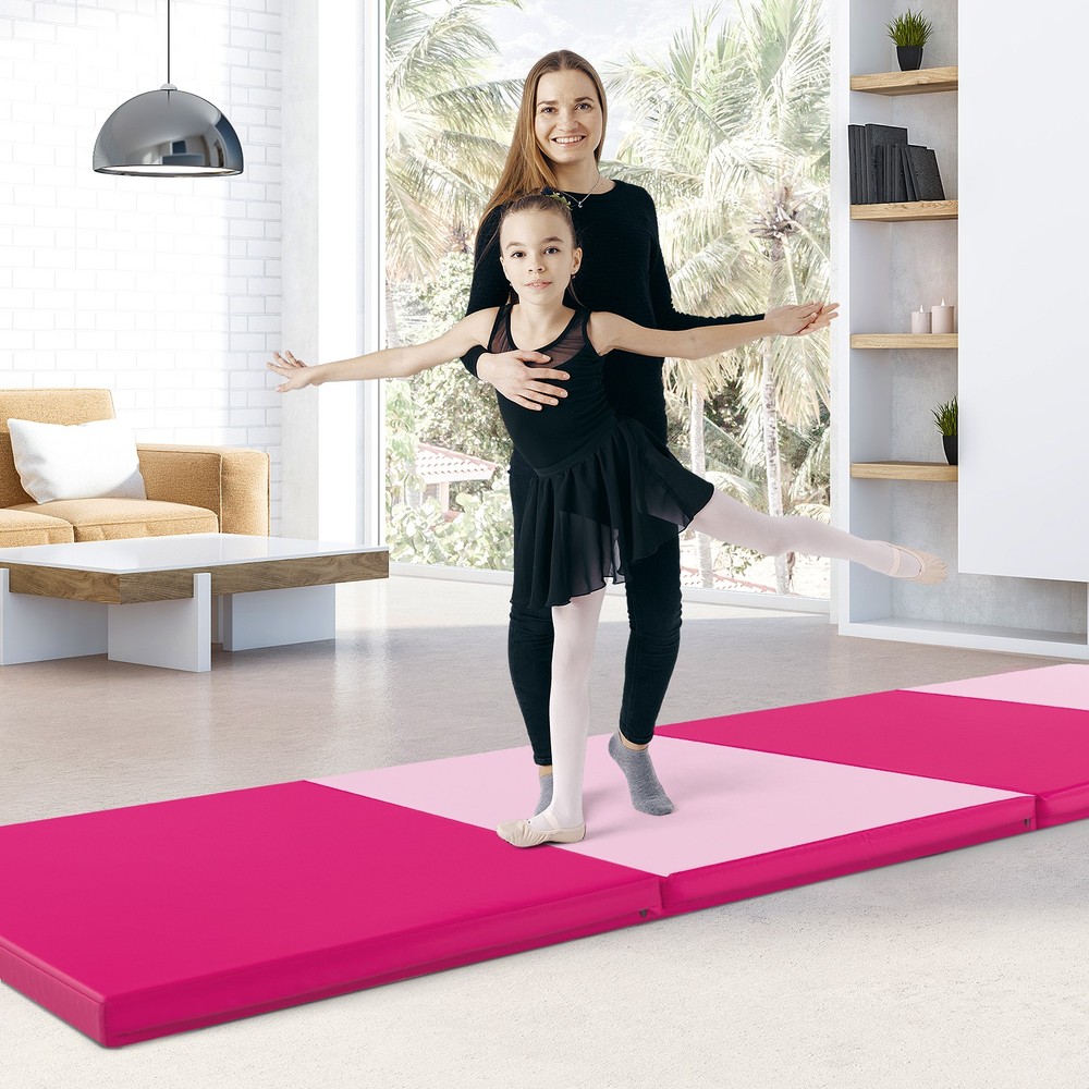2" 4-Panel Folding Gymnastics Mat with Hook & Loop Fasteners, Handles Rose Red