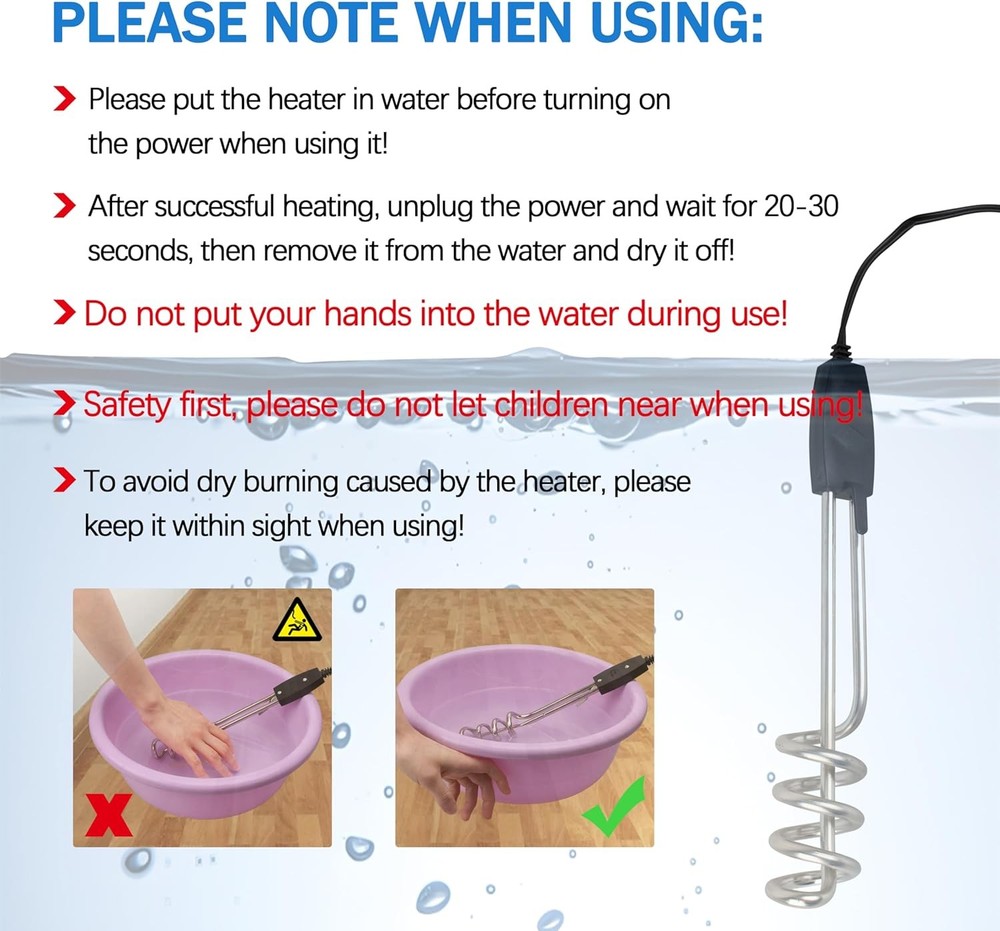 Stainless Steel Immersion Heater/Submersible Water Heater,1000W-110V Portable