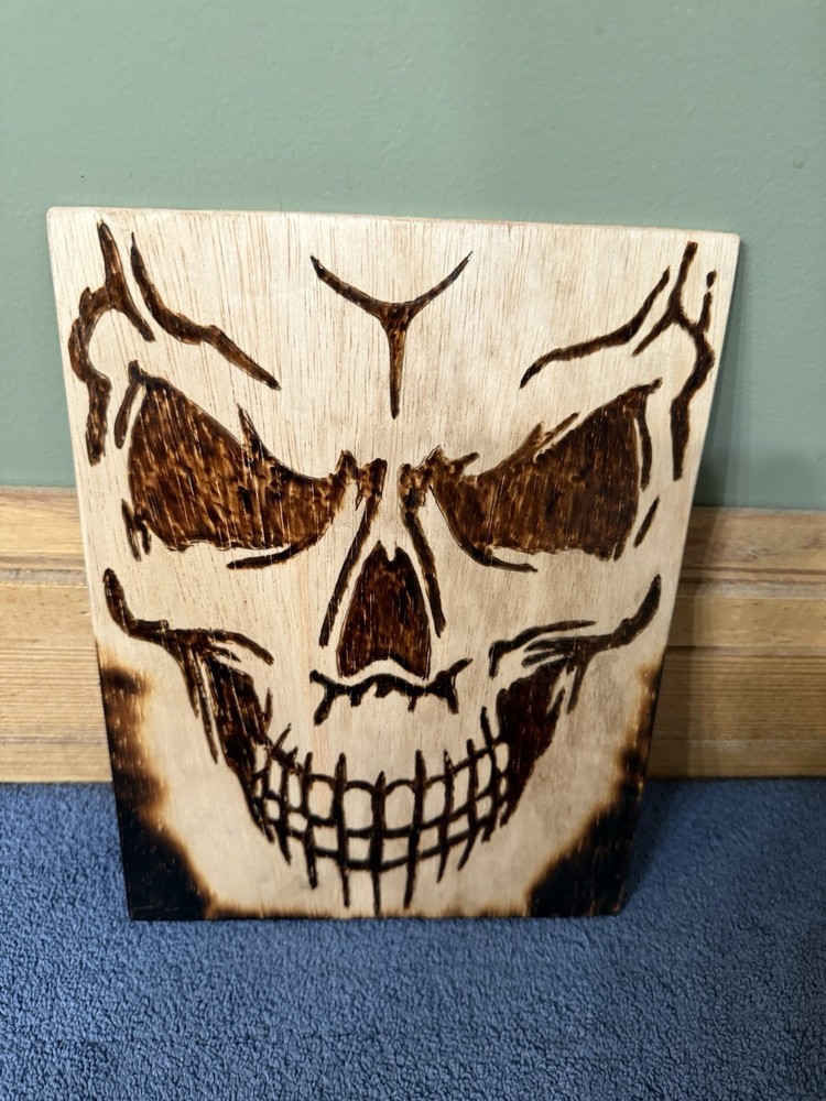Handmade Pyrography Full Face Skull 8x10” Wall Hanging