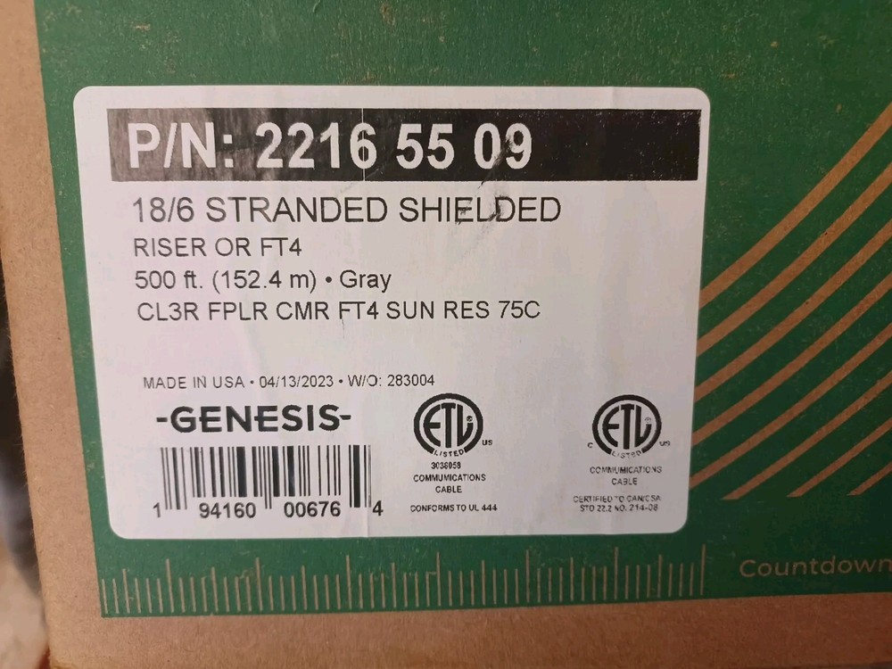 Genesis 21165509 18/6 Unshielded Riser Security Cable, Gray, 500ft, NIB