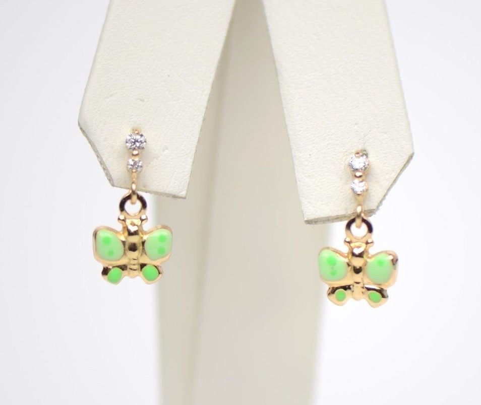 14K Solid Yellow Gold Butterfly Dangle Earring with Enamel