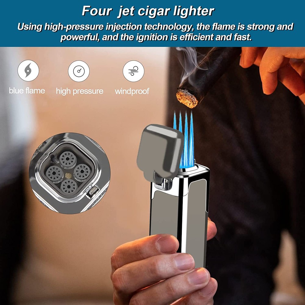 Torch Cigar Lighter 4 Jet Flame Refillable Butane Cigar Lighter Adjustable Flame
