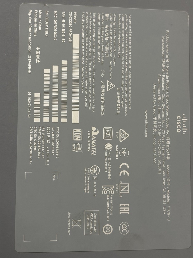 Cisco Webex Codec Pro TTC8-13 Video Conferencing Unit Powers On Clean