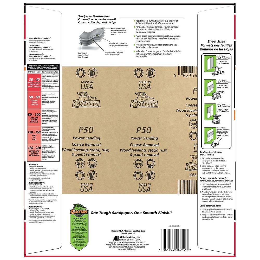 Gator 9" x 11" Multi-Surface Sanding Sheets, 50 Grit, 25 Pack