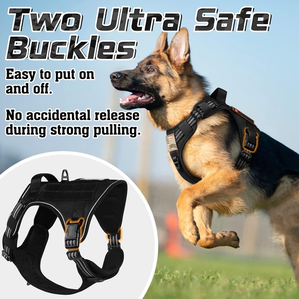 Large Breed Tactical Dog Harness, Anti-Pull Adjustable Reflective Straps, Black