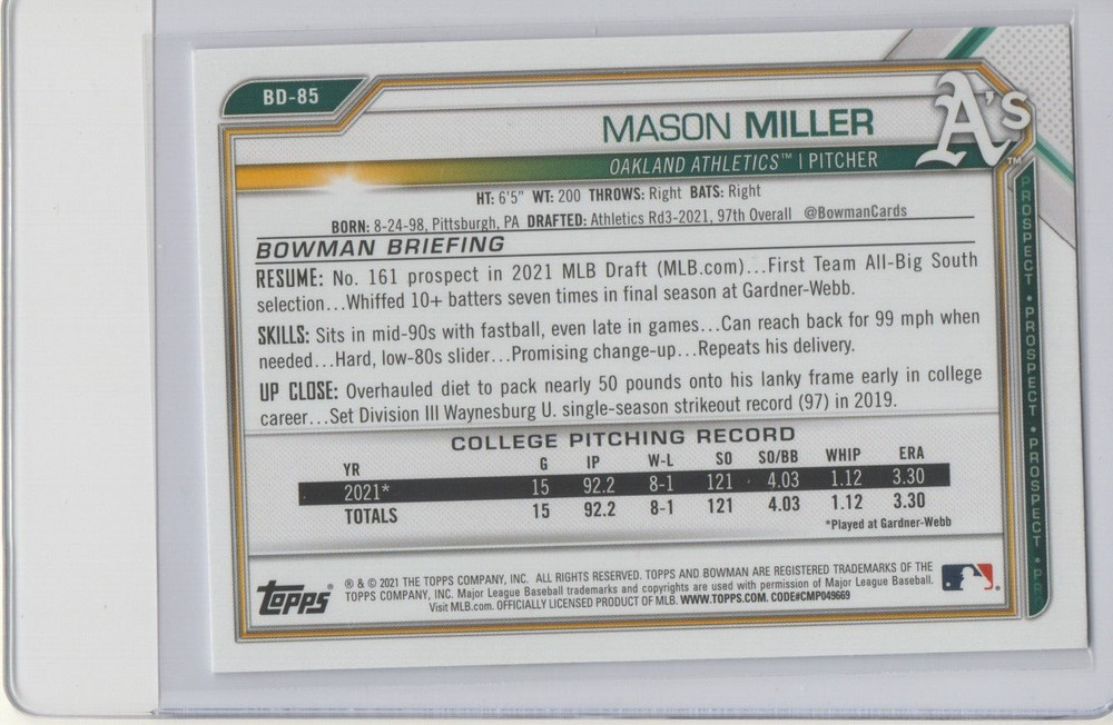 MASON MILLER 2021 Bowman Draft #BD85