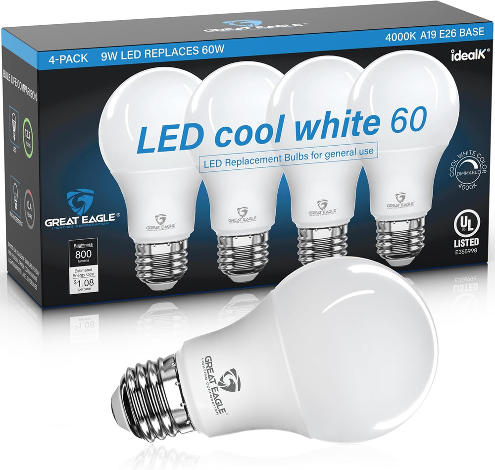 Great Eagle A19 LED Light Bulb, 9W (60W Equivalent), UL Listed, 4000K Cool White