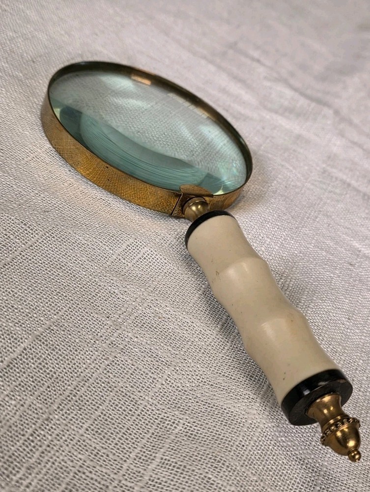 Brass 10X Handheld Magnifier, Bone Handle, Vintage Ideal for Reading, Inspection