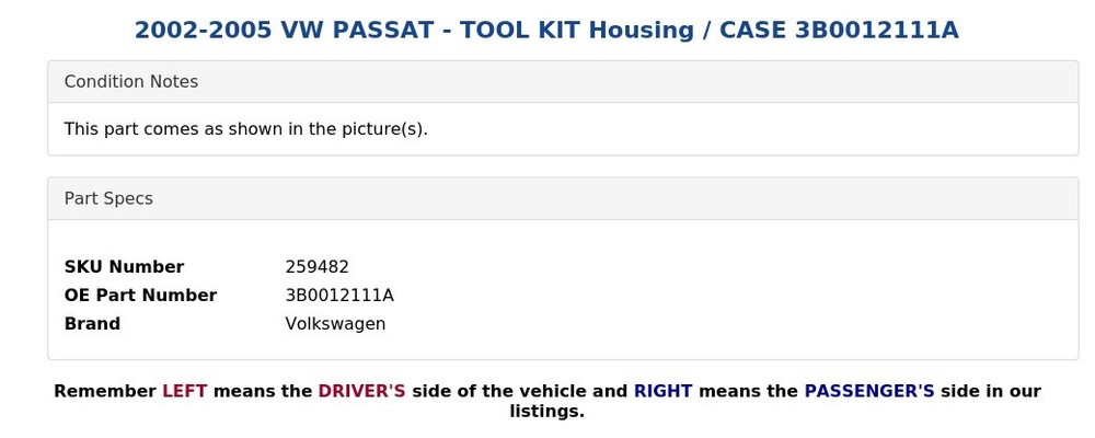2002-2005 VW PASSAT - TOOL KIT Housing / CASE 3B0012111A