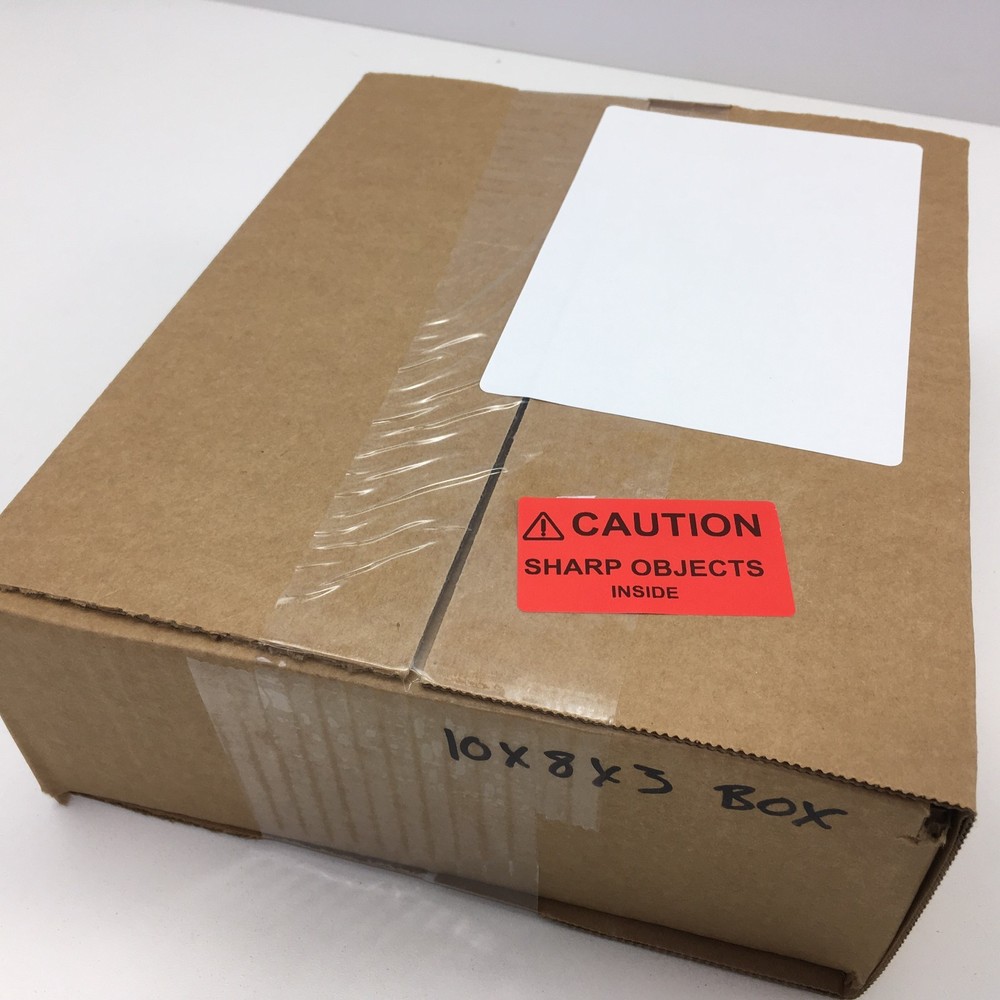 ⚠CAUTION SHARP OBJECTS INSIDE Warning Sticker Label RED 2.25" L x 1.25" H