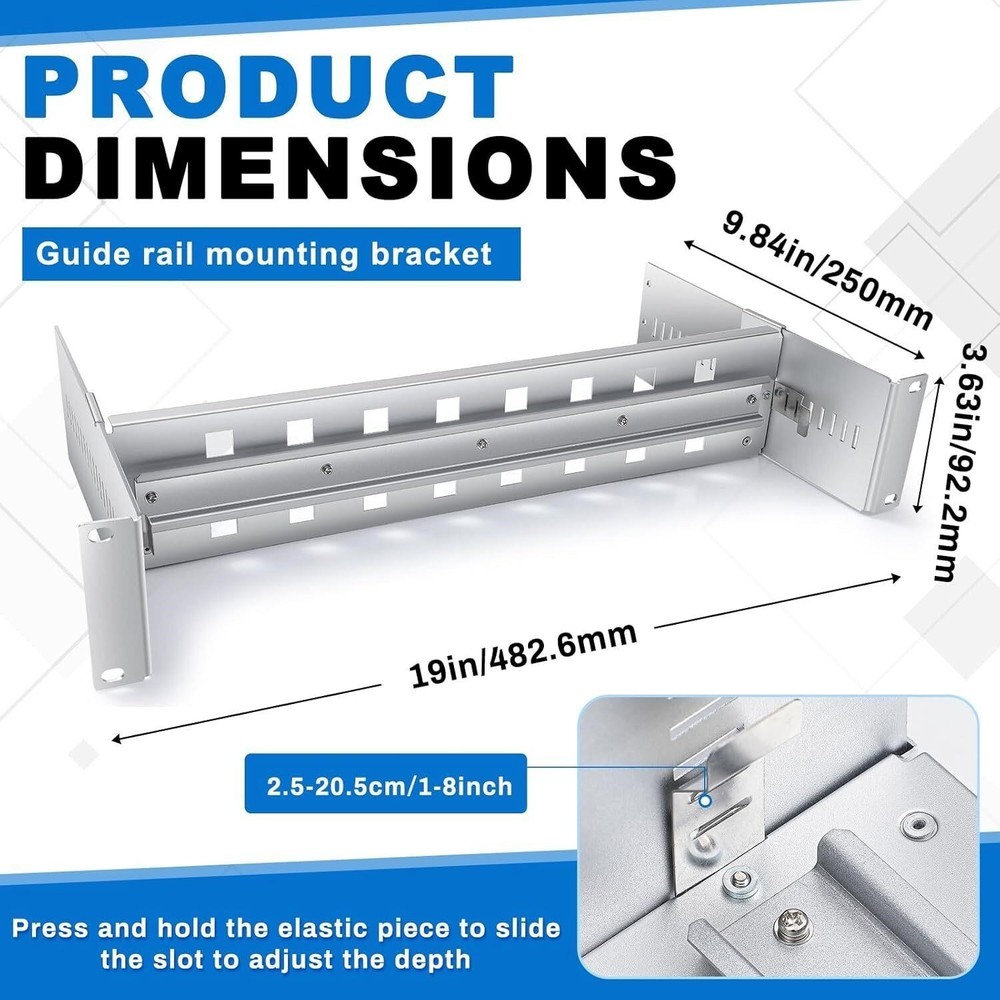 2U 19 Inch Rack Mount DIN Rail Kit - Depth Adjustable Din Rail Chassis