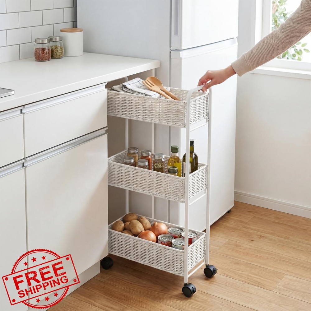 FOCHIER 3-Tier Rolling Cart, Slim Kitchen Office Laundry Room Organizer White