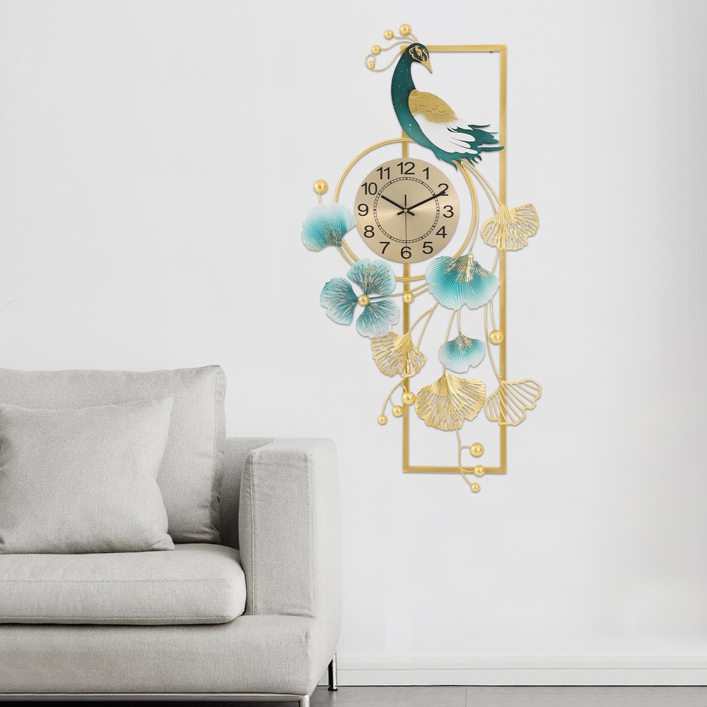 Peacock & Ginkgo Leaves Wall Clock, Modern Wall Clock