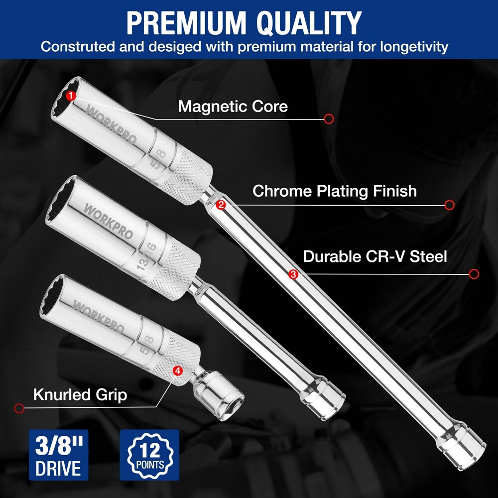 WORKPRO 7 PCS Magnetic Swivel Spark Plug Socket Set with 12 Points Magnetic Core
