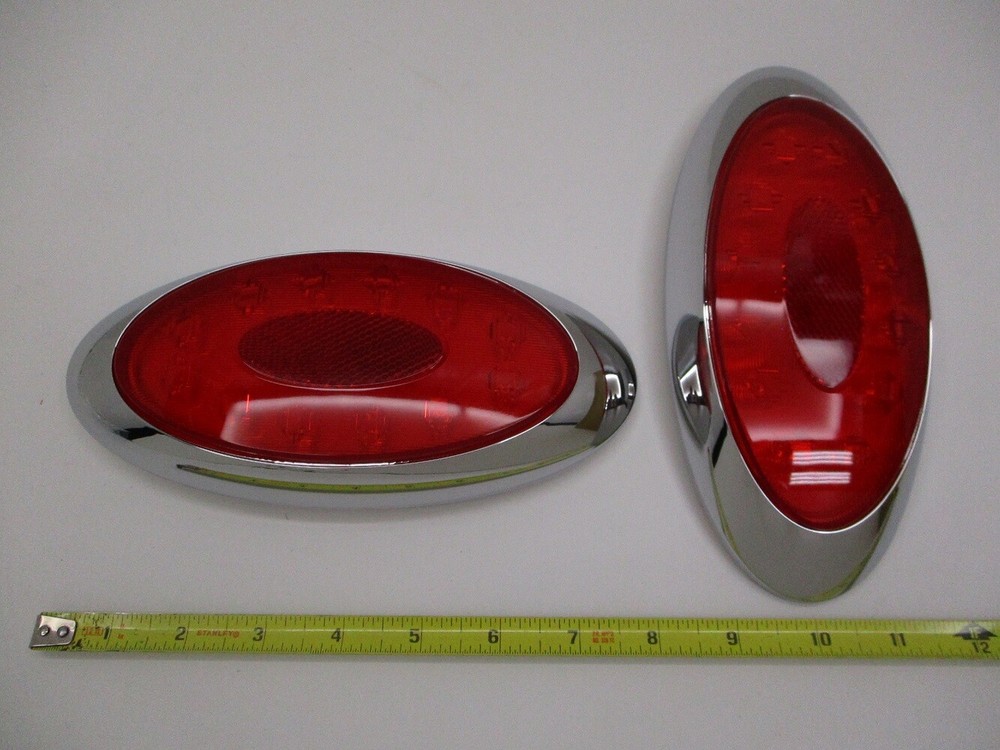 8" Reflex Oval Red LED RV Camper Trailer Turn Brake Tail Lights / Chrome Trim