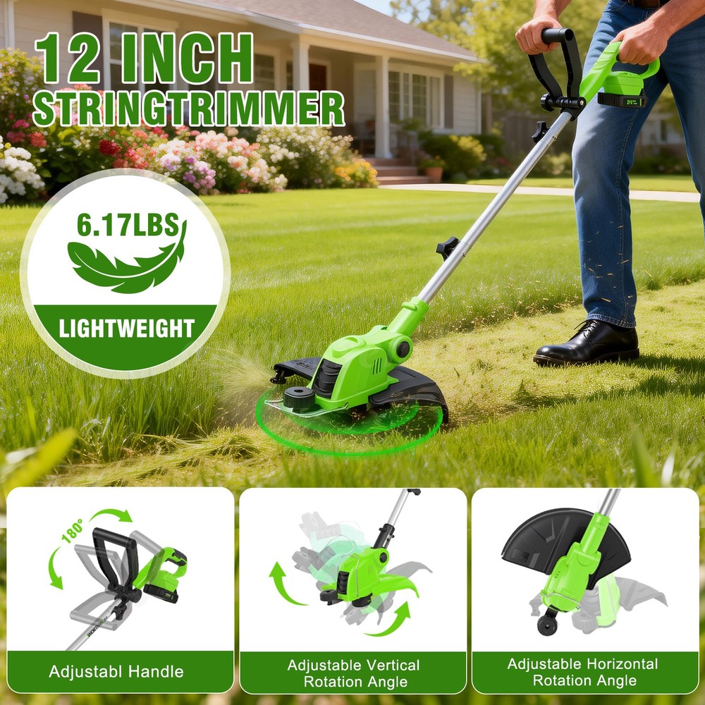 Cordless String Trimmer, Edger WeedWhacker Grass Eater Lawn Cutter w/ 2 Battery
