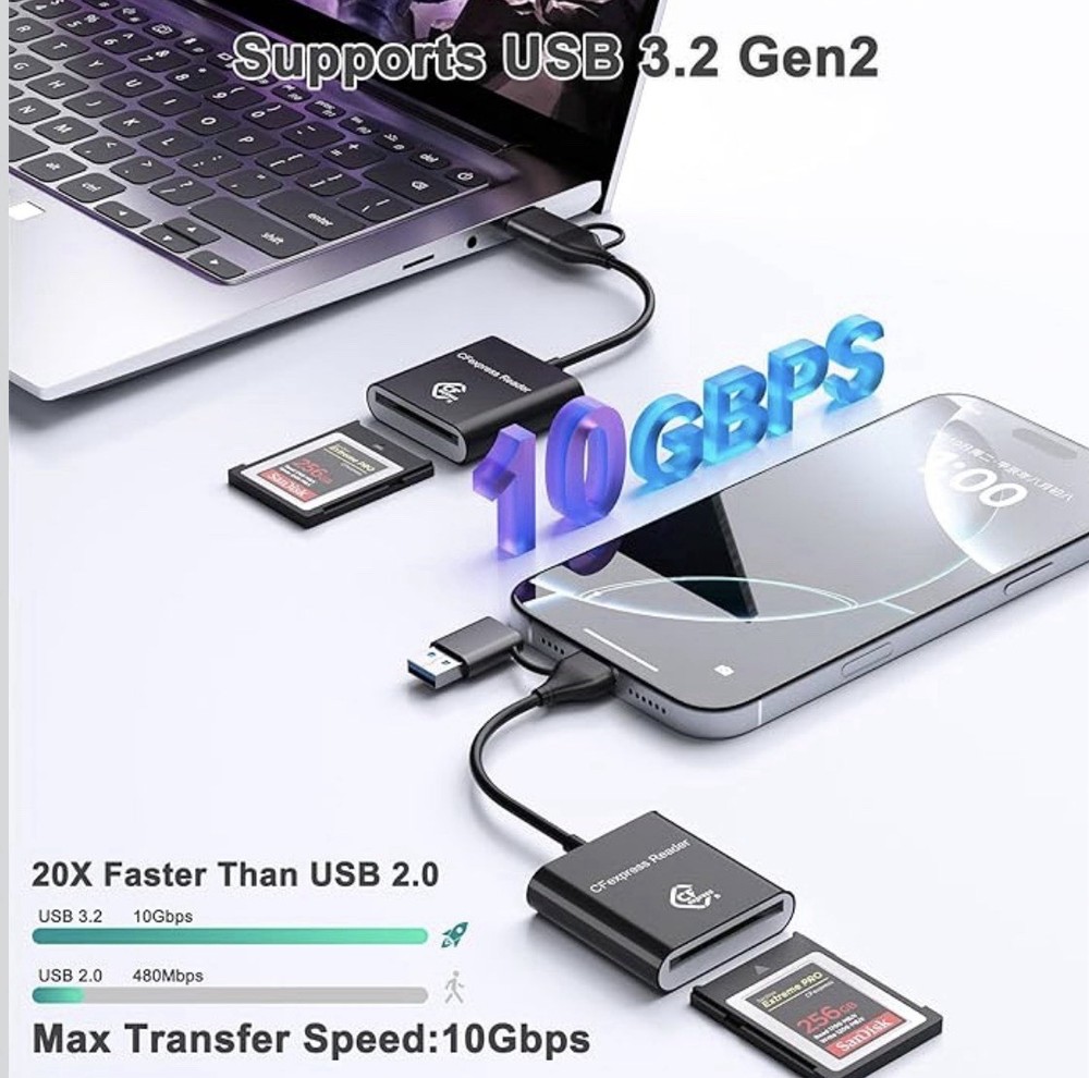 CF Express Type B Card Reader with USB 3.2 (Gen 2) 10Gbps, USB-C & USB-A