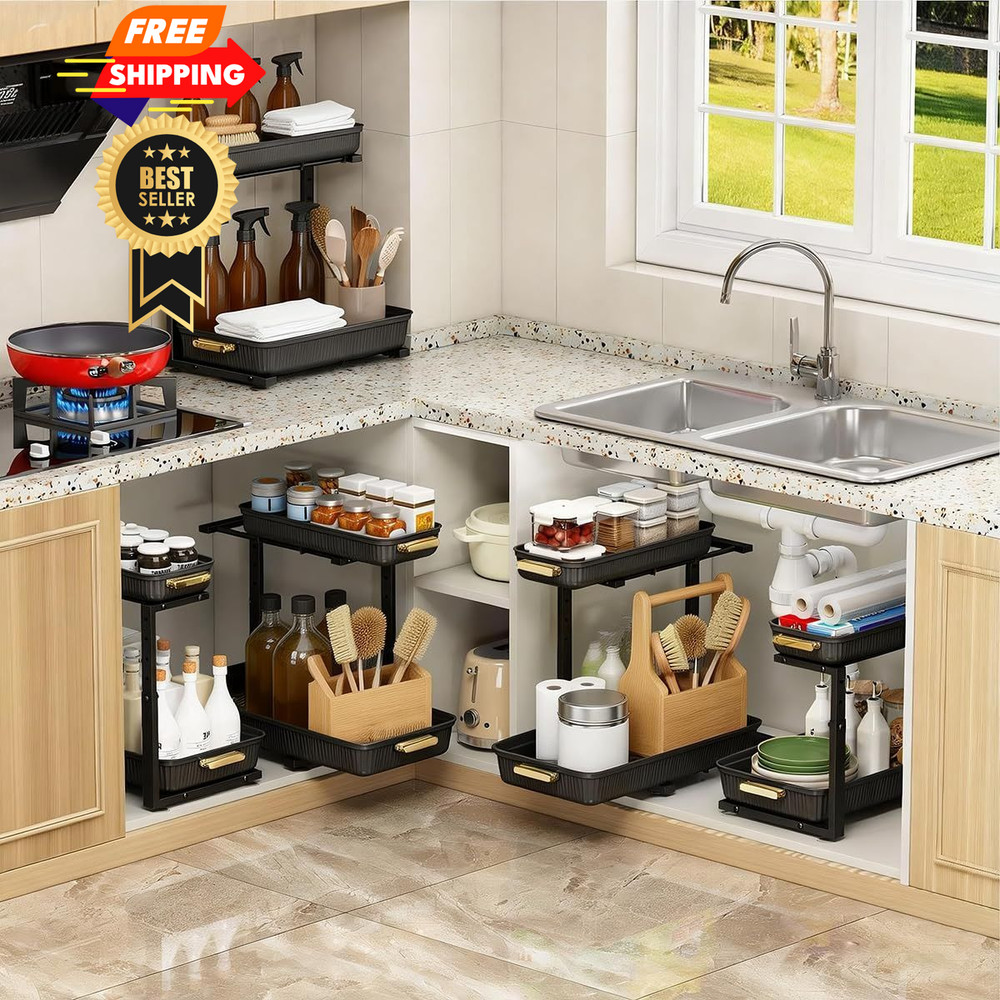 ARSTPEOE Under Sink Organizer - 2 Packs Multi-Purpose Pull-Out 2 Pack, Black