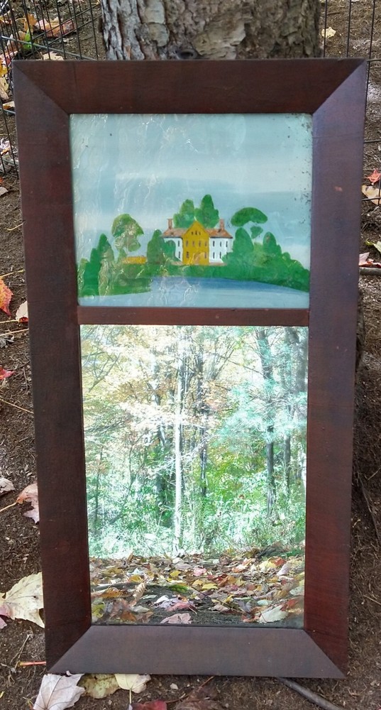 Antique Split Column (two part) Mirror Reverse Painting, Mid 1800s