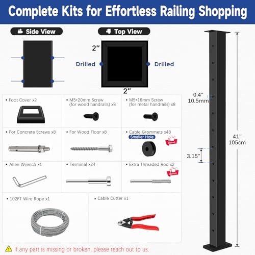 2 Pack One-Stop Cable Railing Post Kits Fixed Top 42" 1 2x Level Post Kits