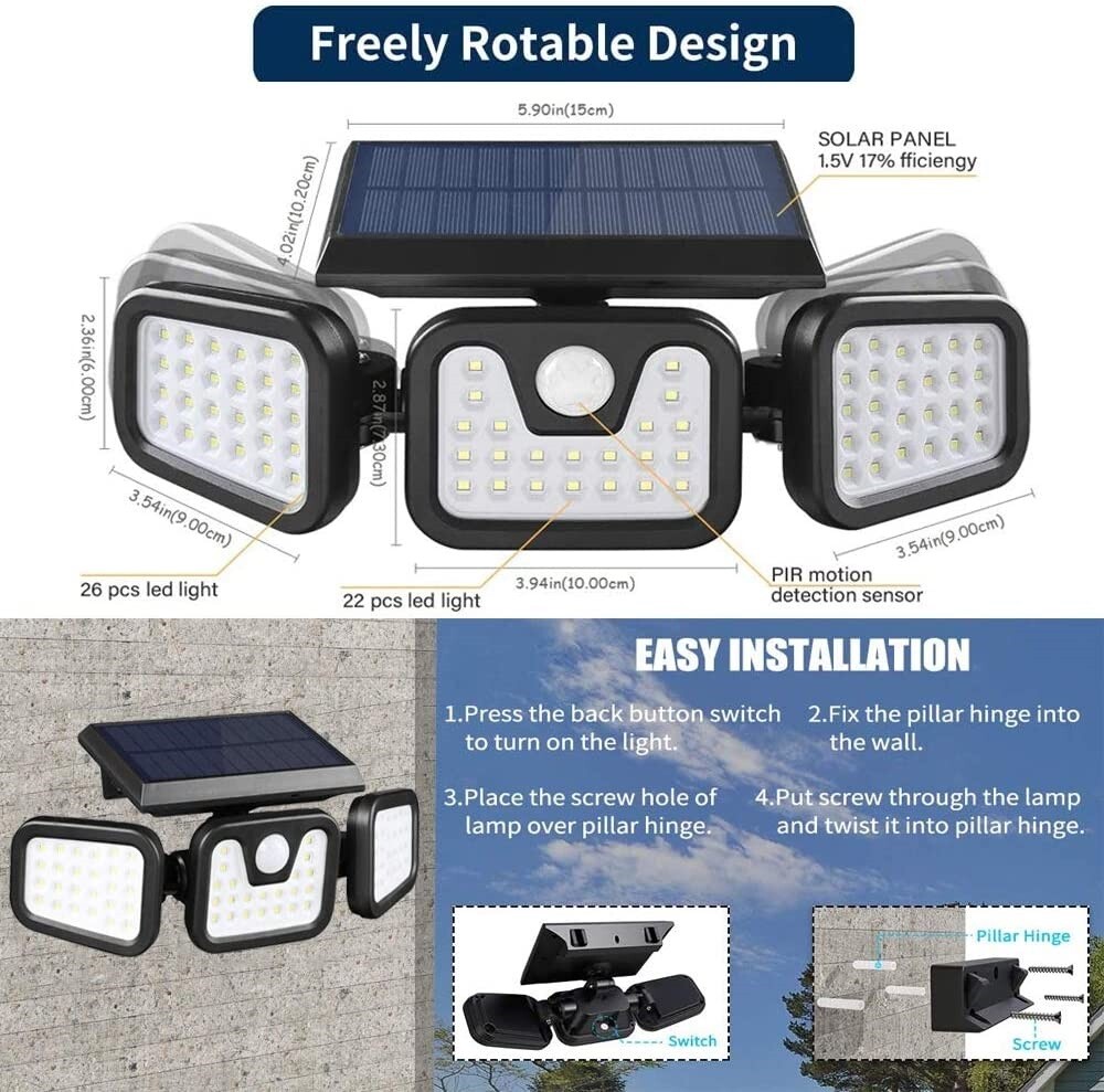 2 Pack Solar Lights Motion Sensor, Security LED Waterproof Adjustable head 74LED